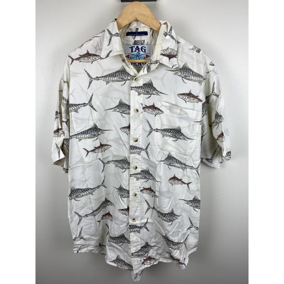 Tag & Brag All Over Print AOP Sword Fish Button Up Tee Shirt - L - Picture 1 of 12